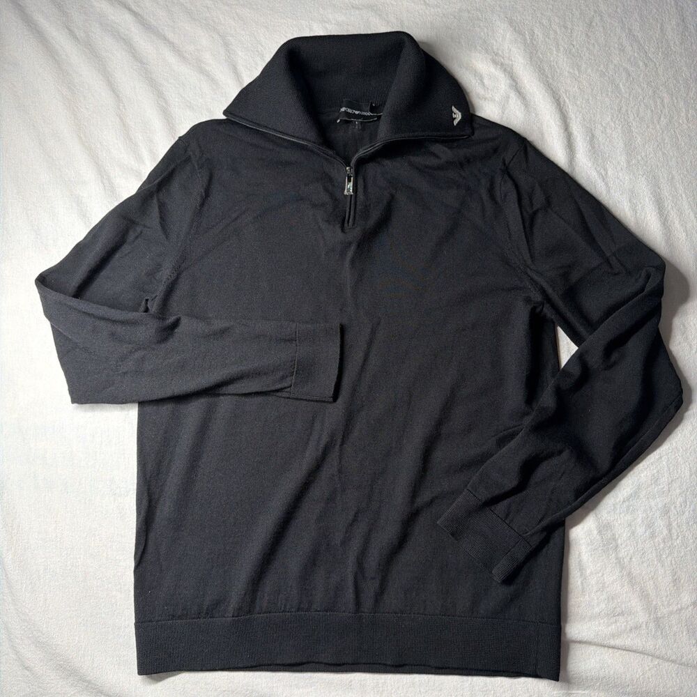 Emporio Armani Men’s Large Black Quarter Zip Sweater Pullover Knit Logo